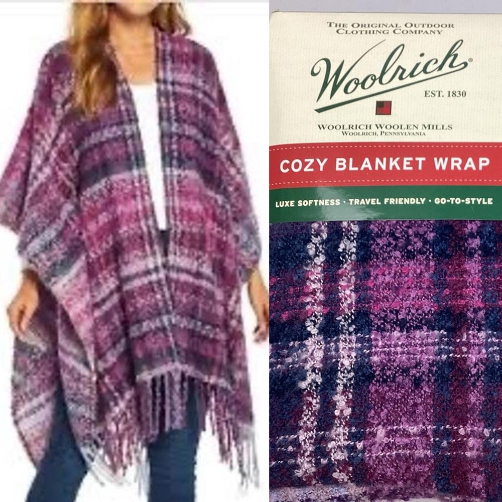 Woolrich Purple Plaid Shawl Blanket Wrap Poncho Ruana Cozy Knit Fringe One Size